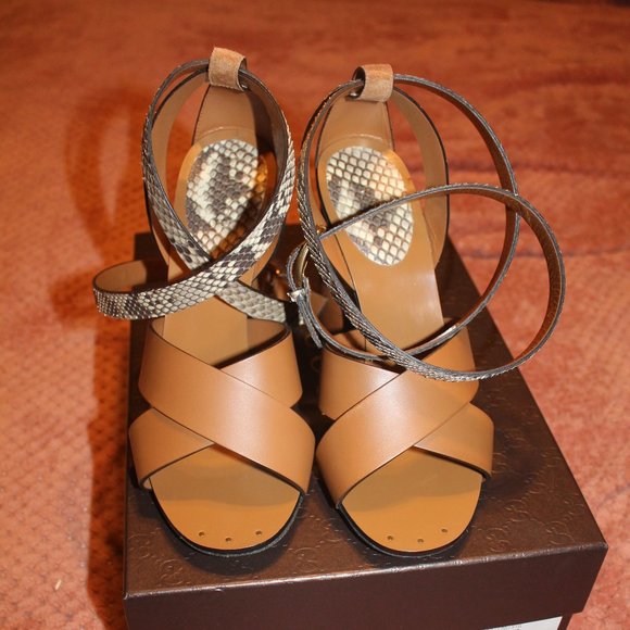 NEW Gucci Python Skin Leather High Heel Wrap Sandal - Picture 1 of 7